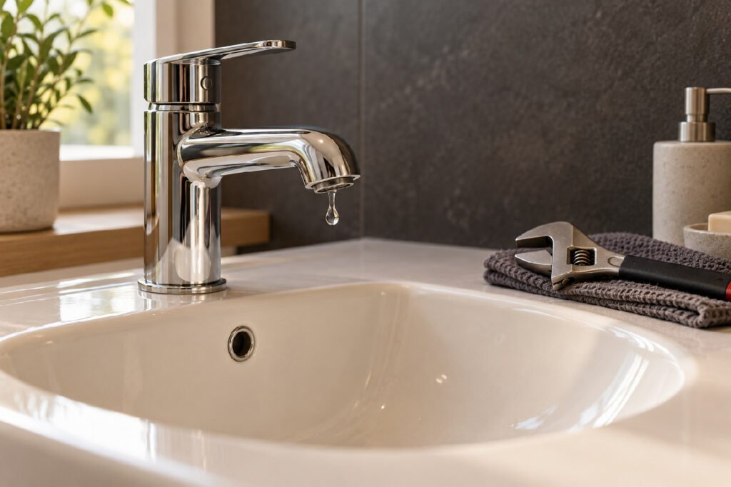Illustration : robinet et outils de plomberie dans une salle de bain