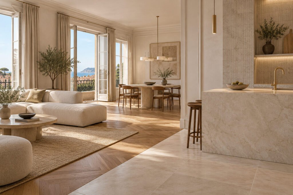 Illustration générée : association de parquet, carrelage et revêtements muraux dans un intérieur